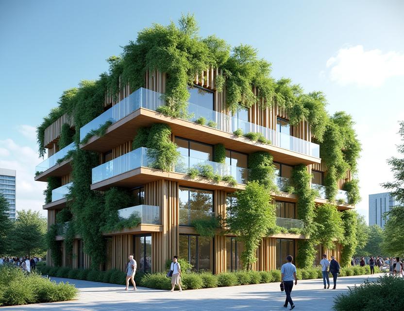 Modernes, nachhaltiges Gebäude mit viel Grünfläche und Solaranlagen.